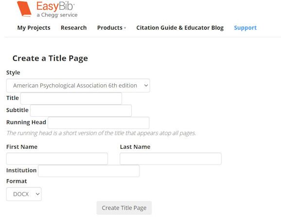 EasyBib screenshot: EasyBib create title page