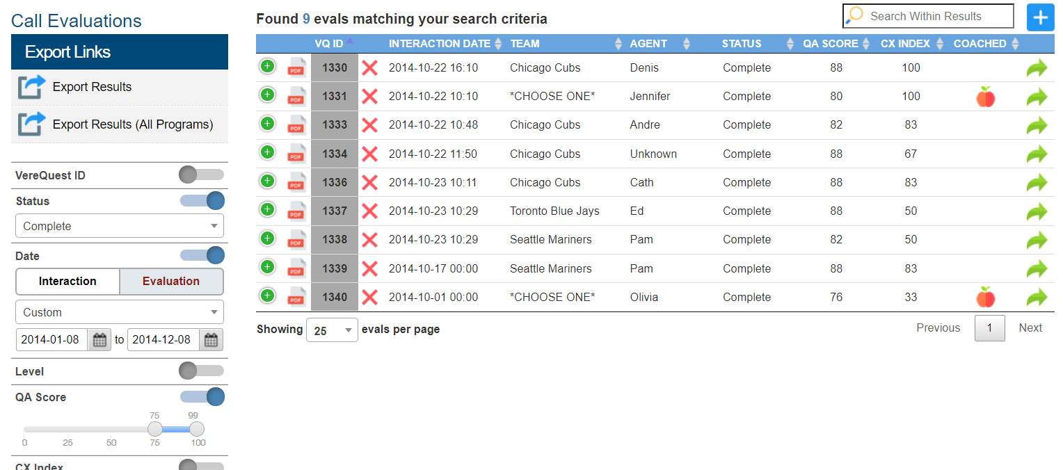 Robust search function allows you to hone in on specific interactions for best practice examples or coaching/training purposes.  One click download of all data into .csv file for offline reporting and analysis.