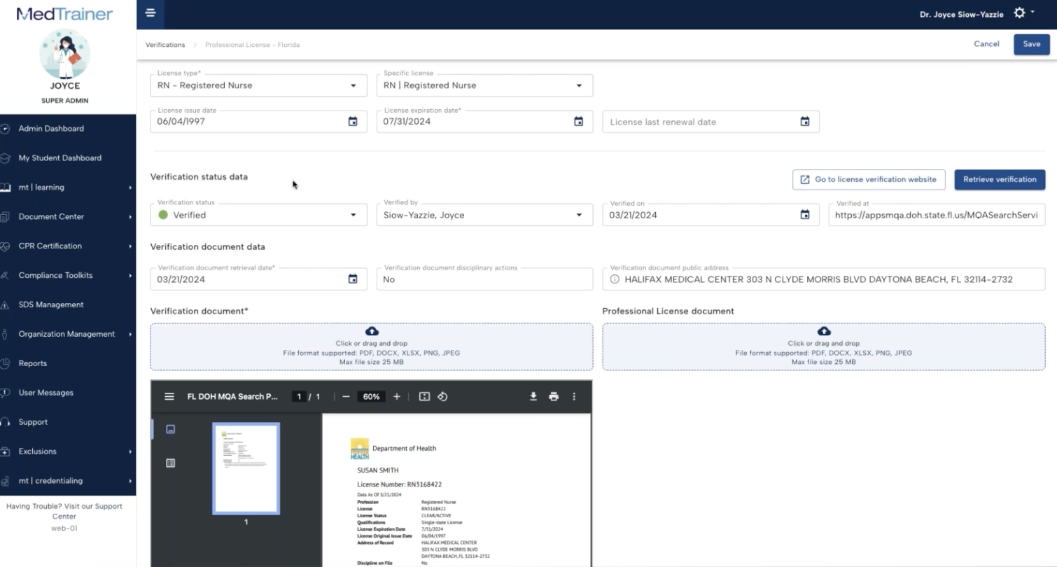 MedTrainer Software - Automatically retrieve provider licenses and board certifications directly from the source with image and data added to the provider's profile
