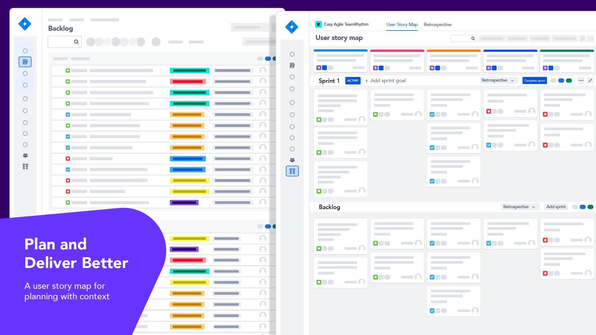 Easy Agile TeamRhythm screenshot: Transform the flat Jira backlog into a meaningful picture of work on the User Story Map, so you can plan your sprints or versions, and manage your backlog with context.
