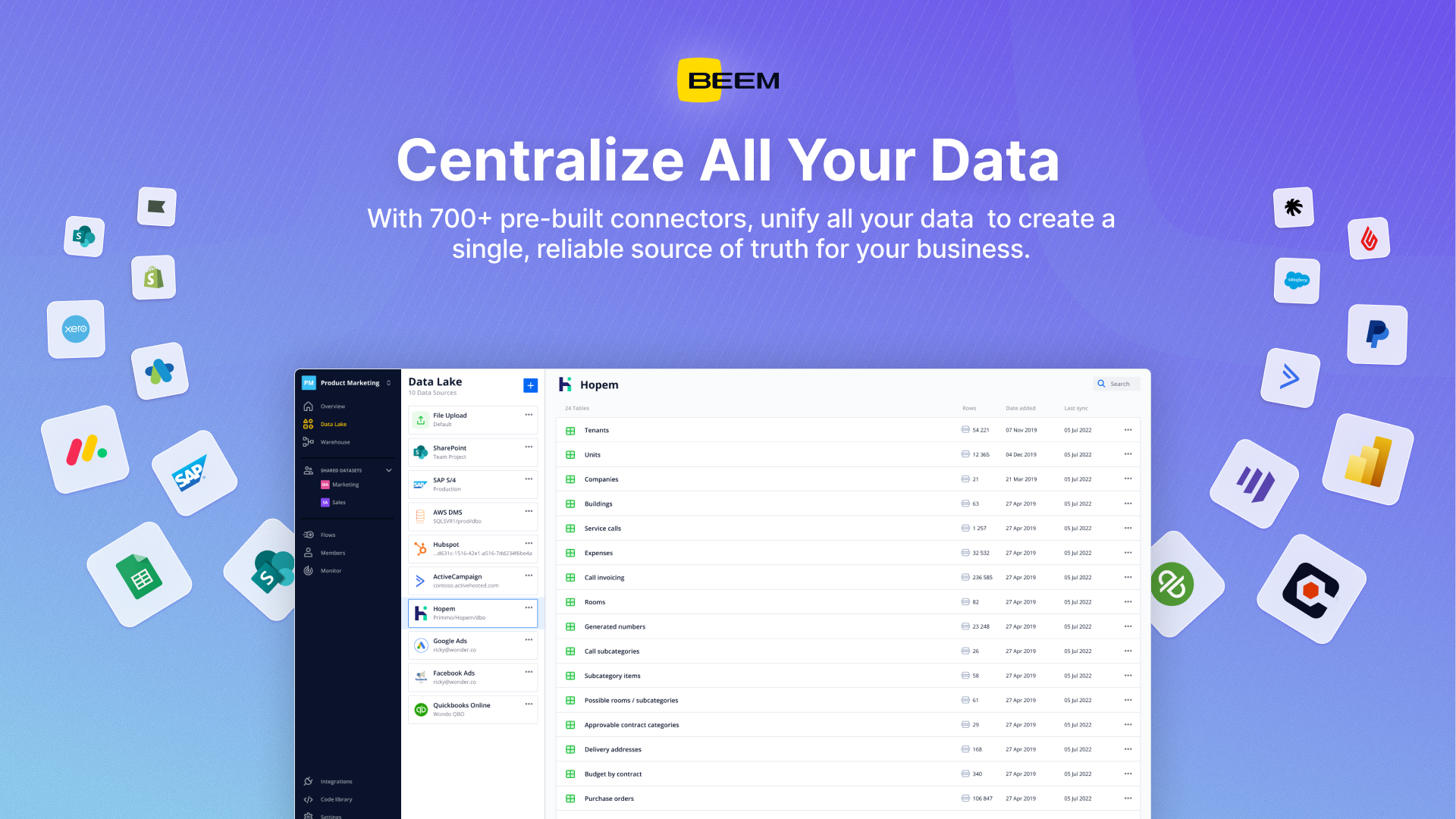 BEEM screenshot: Centralize all your company data into one central hub with over 700 point-and-click connectors.