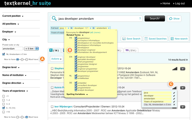 Textkernel screenshot: Sorting with Textkernel Search!