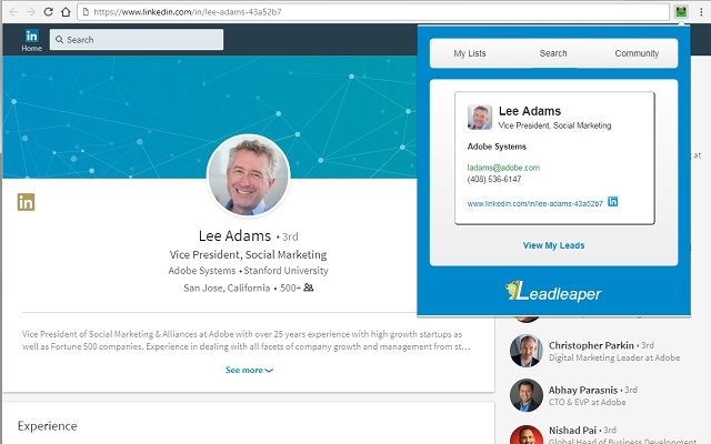 LeadLeaper screenshot: LeadLeaper contact information