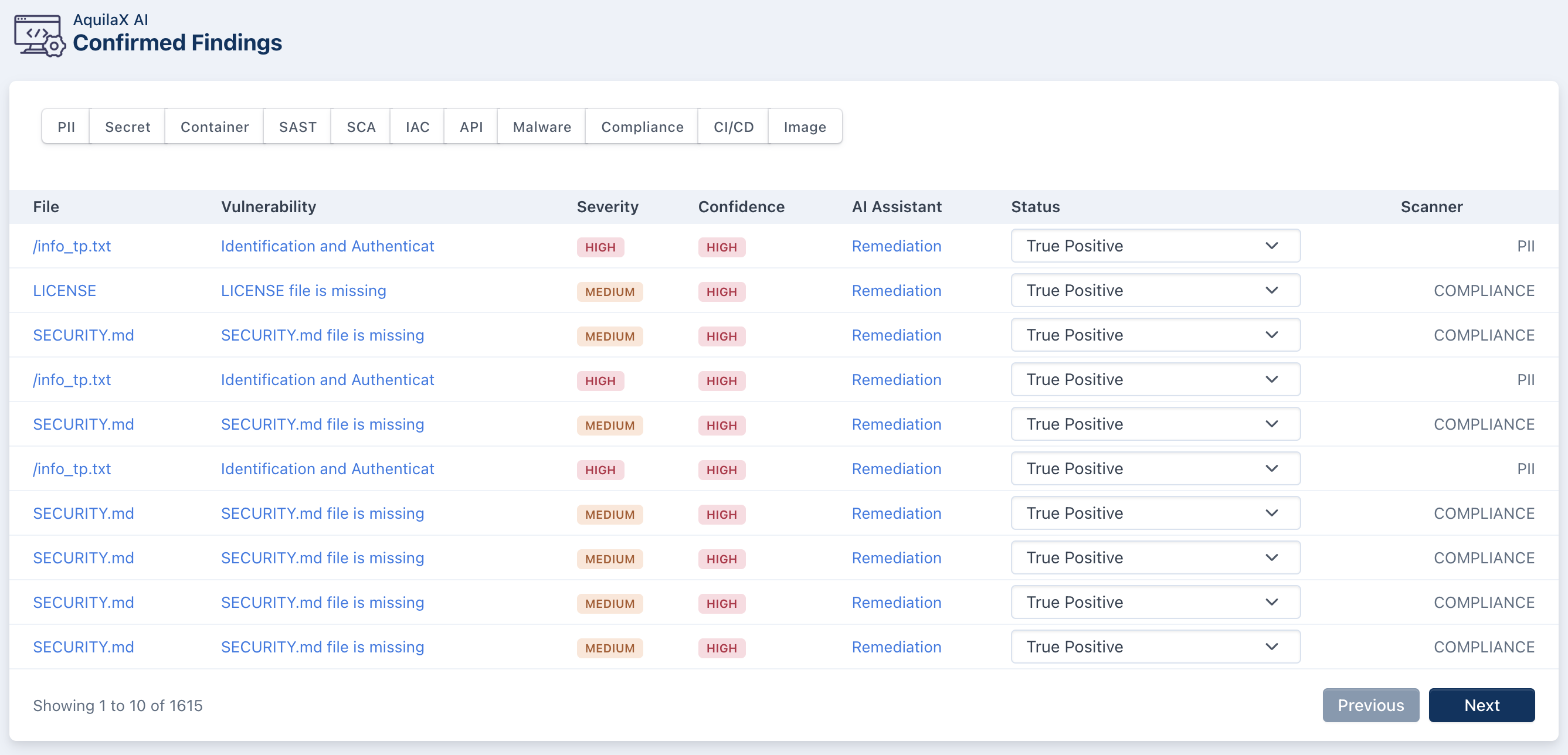 AquilaX screenshot: AquilaX Findings Dashboard