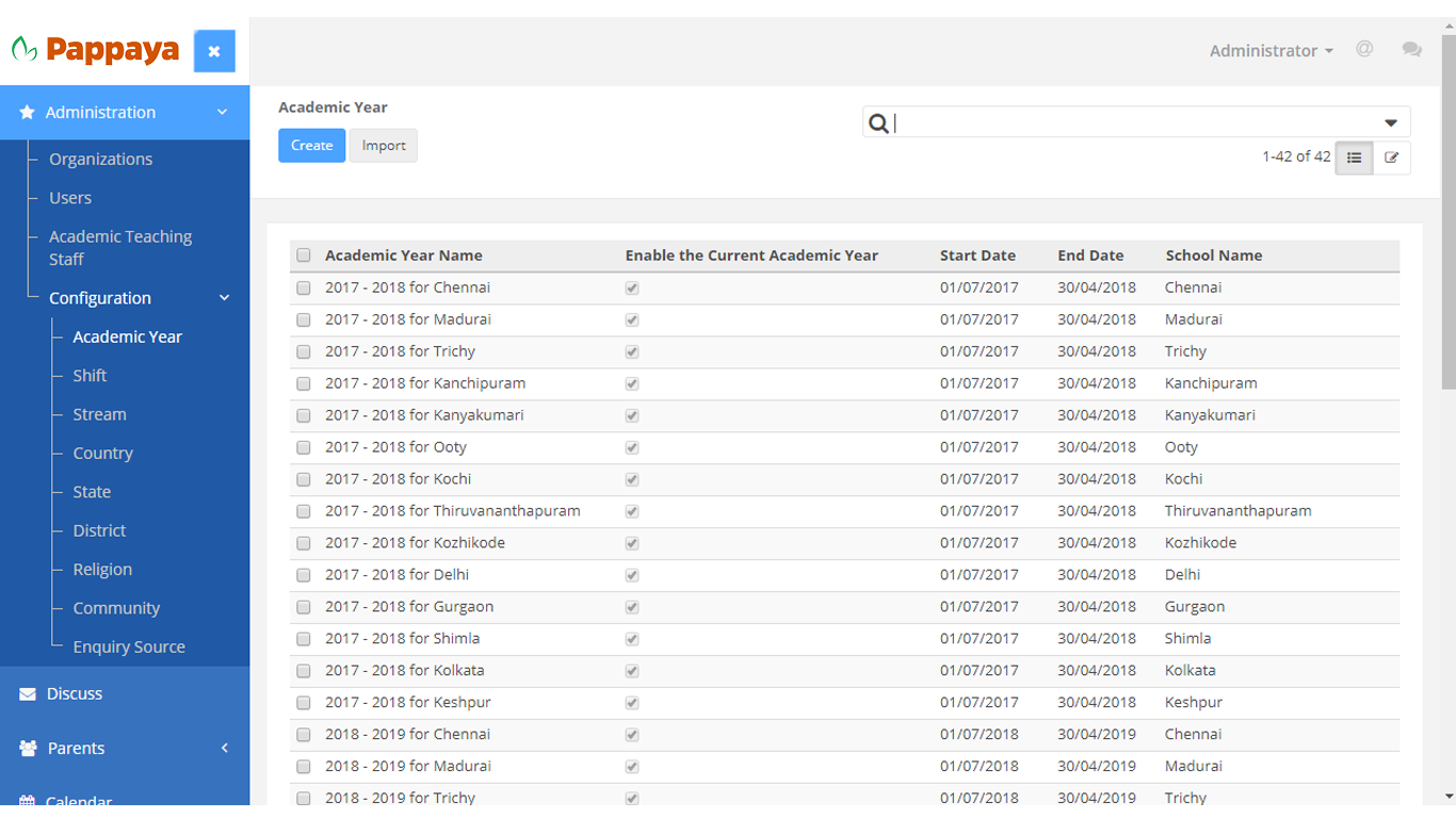 Configure the academic year, adding start and end dates, plus the school name