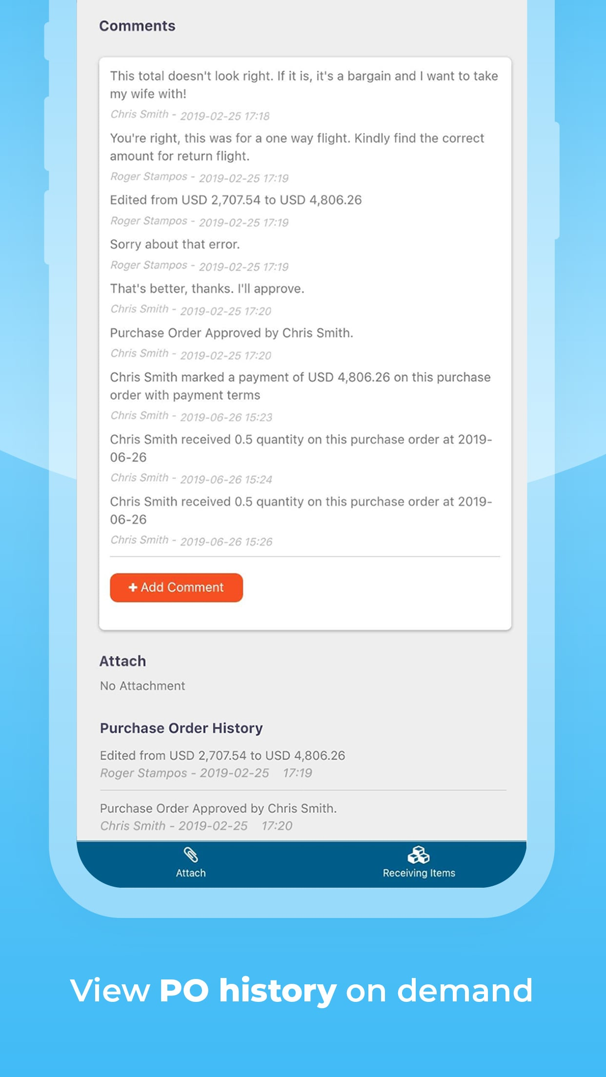 Transparency is key when it comes to spending with the company credit card. Therefore comment history is a vital part of the purchasing process, especially a year or two down the line.