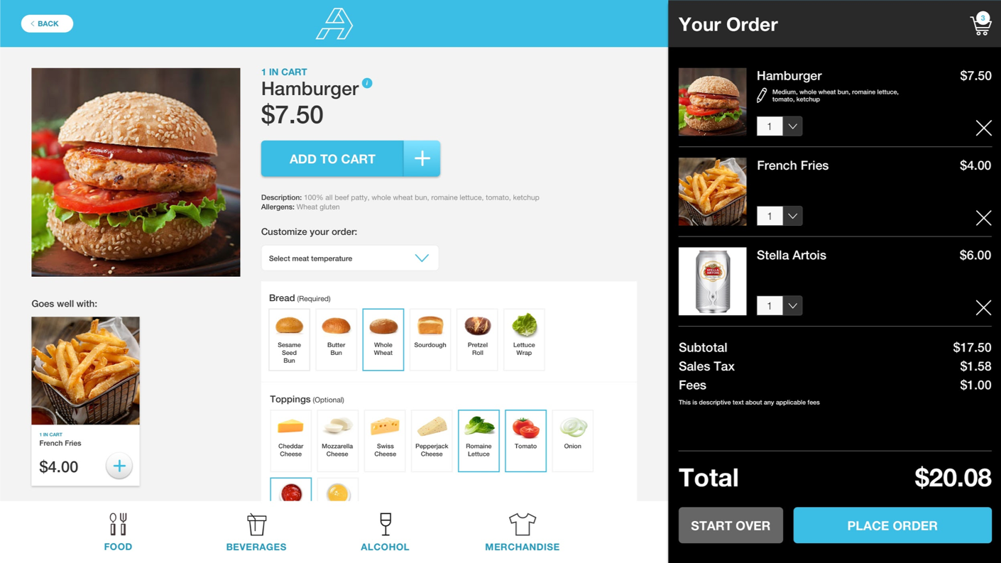 Appetize Kiosk upseel feature screen