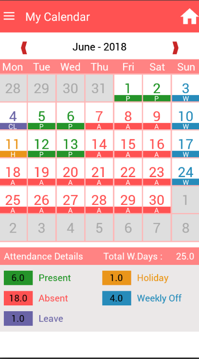 TimeCheck screenshot: TimeCheck calendar