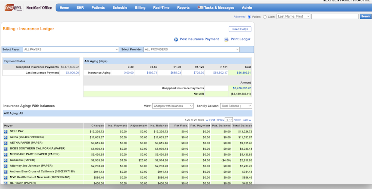 NextGen Medical Billing screenshot: NextGen Medical Billing - Insurance Ledger