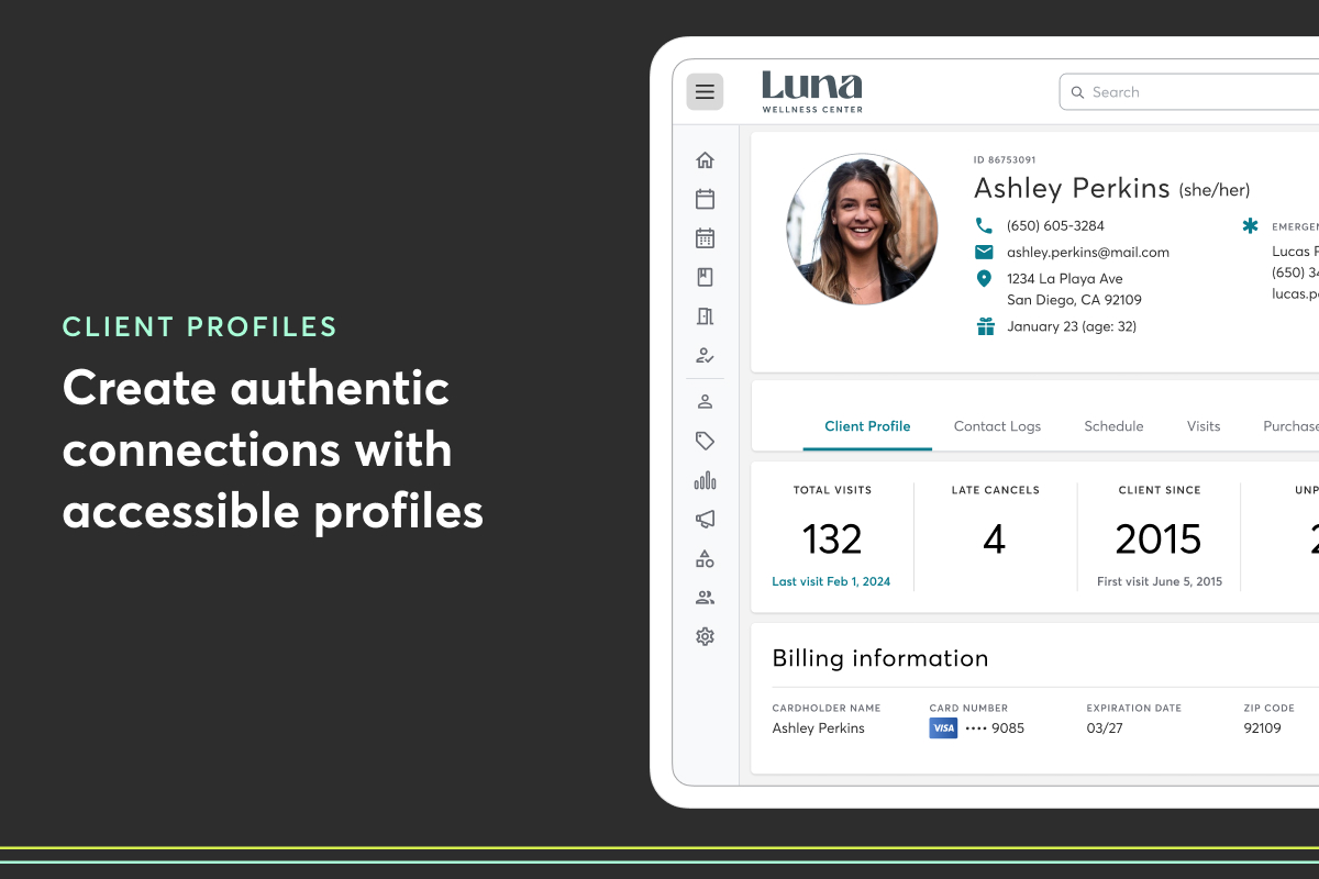 Form better relationships with your members using client profiles. This feature keeps information like personal preferences, payment details, service history, and more on hand so you can offer better customer service.