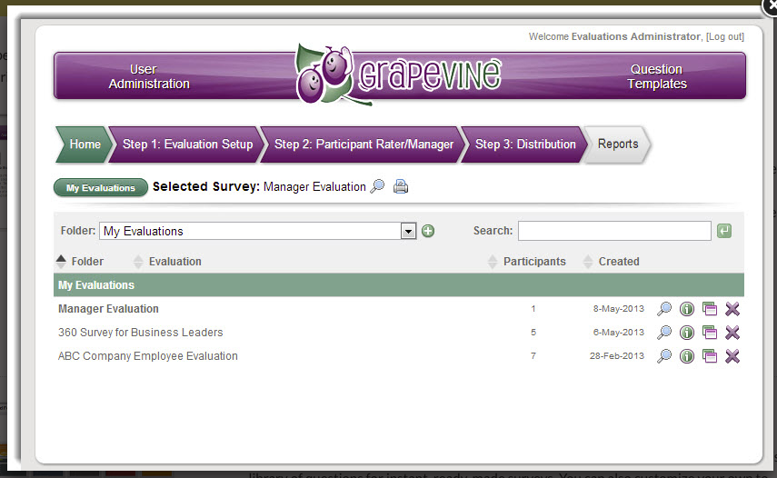 Grapevine Evaluations screenshot: Create & distribute employee evaluations