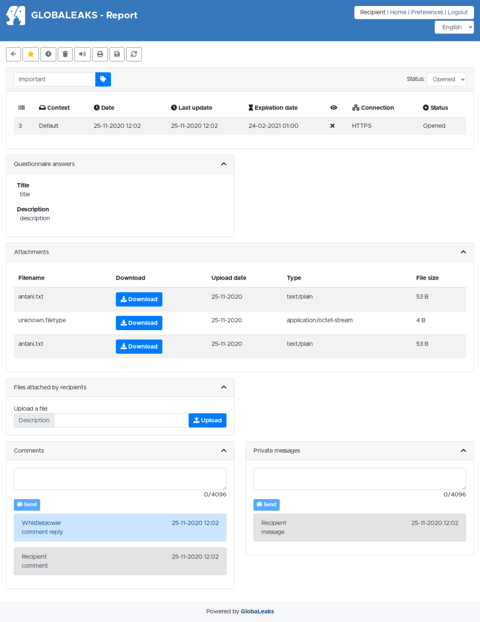 GlobaLeaks Software - GlobaLeaks report status portal