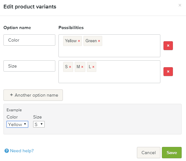 Webador add product variants