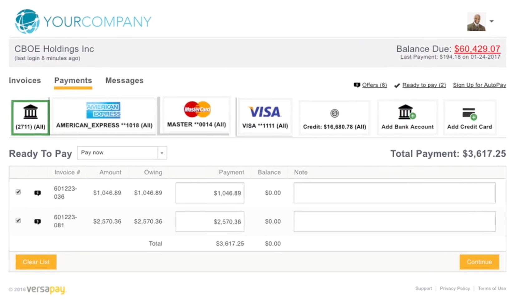 Accept secure online payments through electronic funds transfer (EFT), automated clearing house (ACH) or via credit card