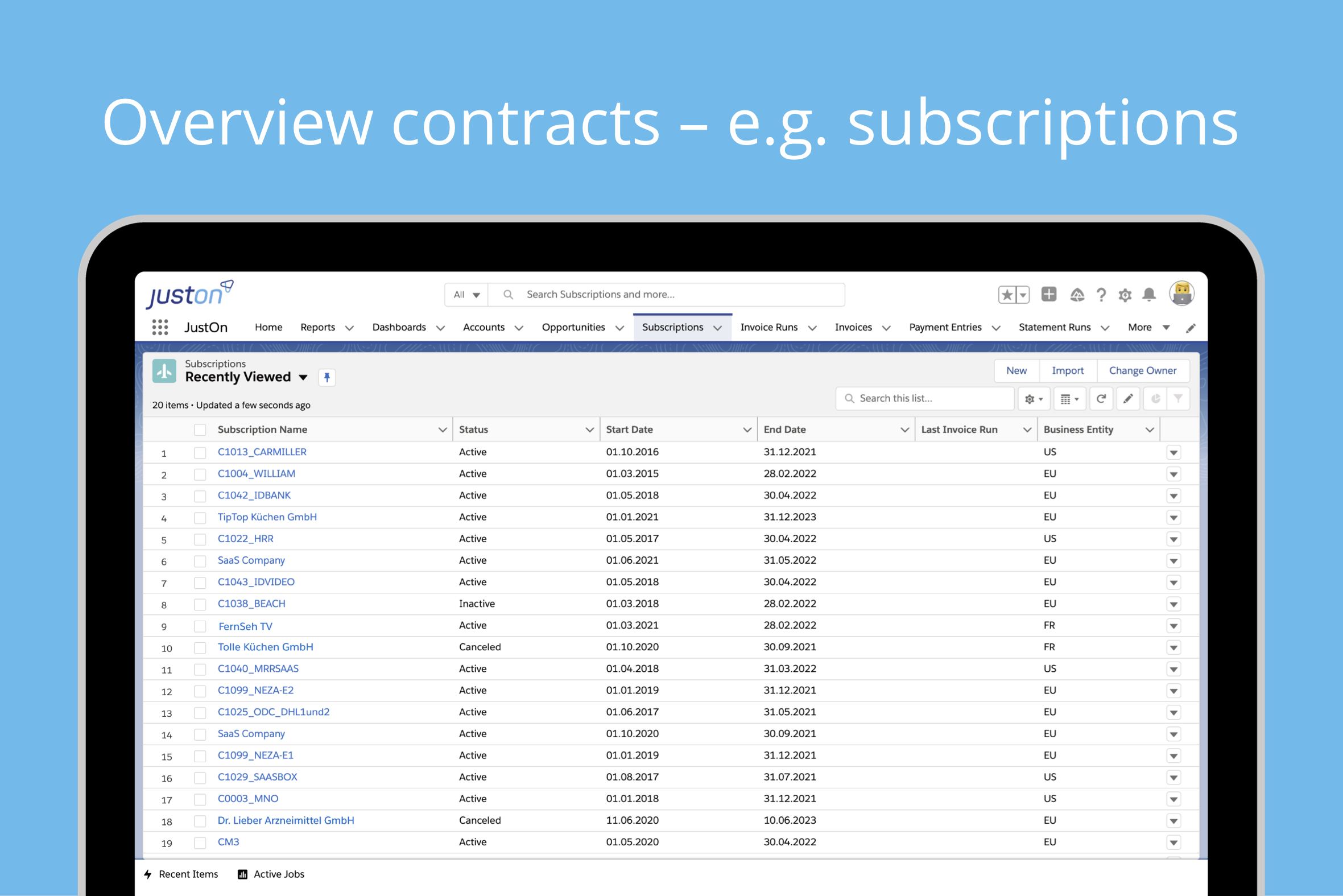 JustOn overview of contracts based on subscriptions, usage data and/or one-time services or products