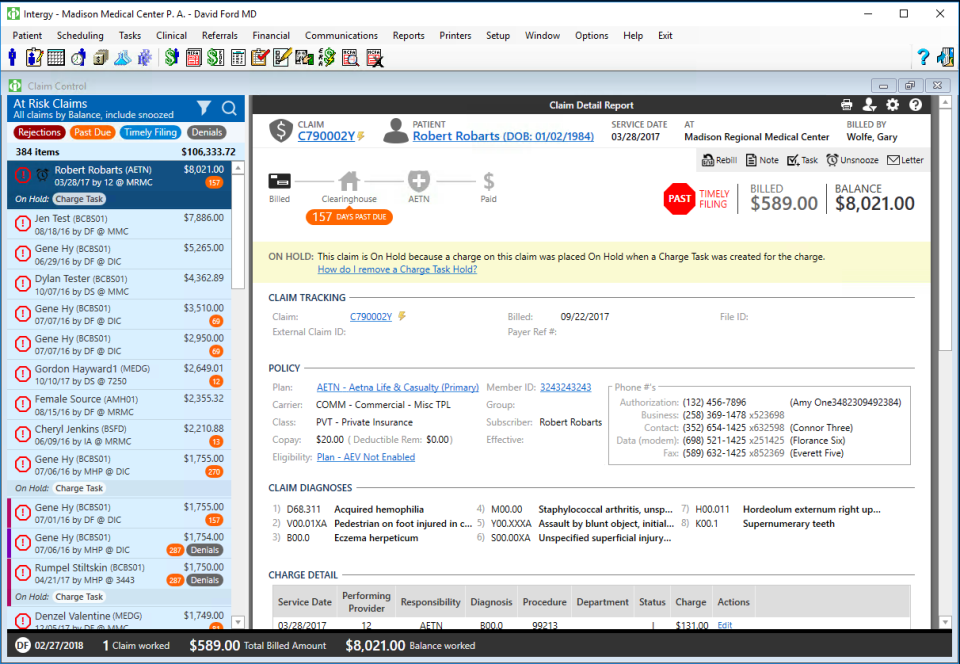 Intergy's Claim Control screen with searchable At Risk Claims, then a Claim Detail Report for a demo patient detailing claim tracking, policy, claim diagnosis and charge detail