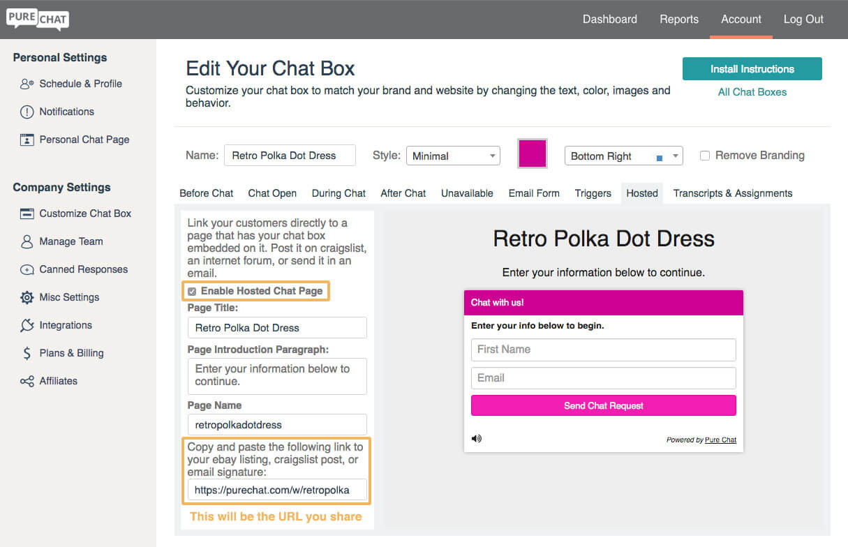 Pure Chat customize chat box screenshot
