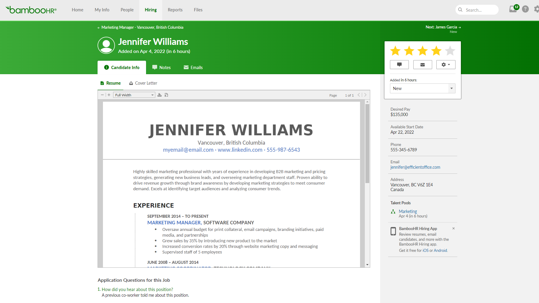 BambooHR Software - Candidate Profile