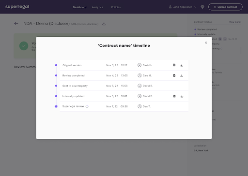 Superlegal Software - Our customers get complete visibility on the status of your negotiation, access the most up-to-date version of your contract and see the actions required at the current stage of the negotiation.