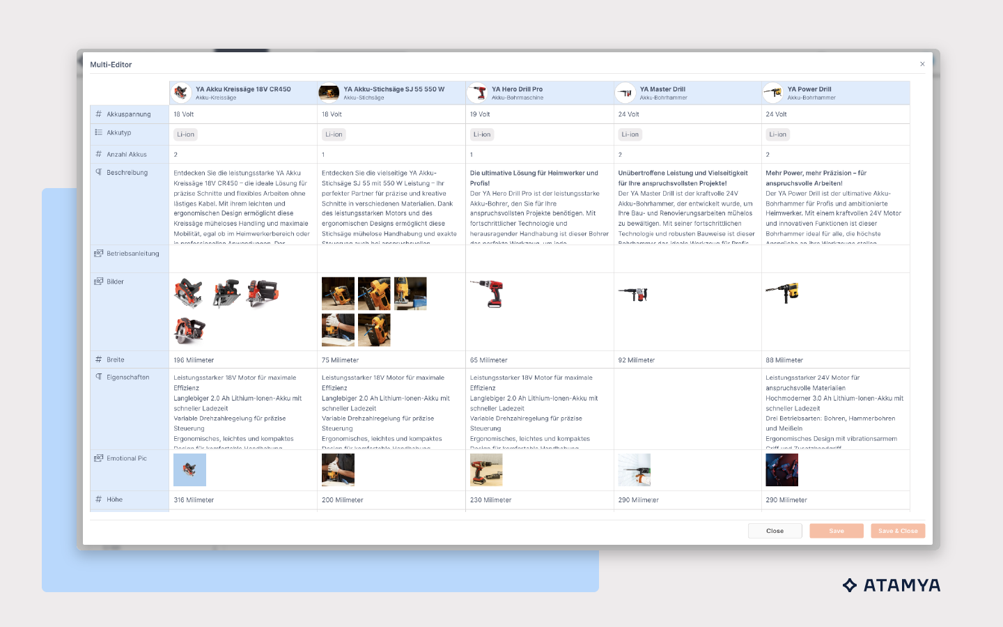 ATAMYA Product Cloud screenshot: Everything at a glance – simple and clean: products, descriptions, specifications, and media can be displayed side-by-side and managed centrally. This way, your PIM becomes the single source of truth.
