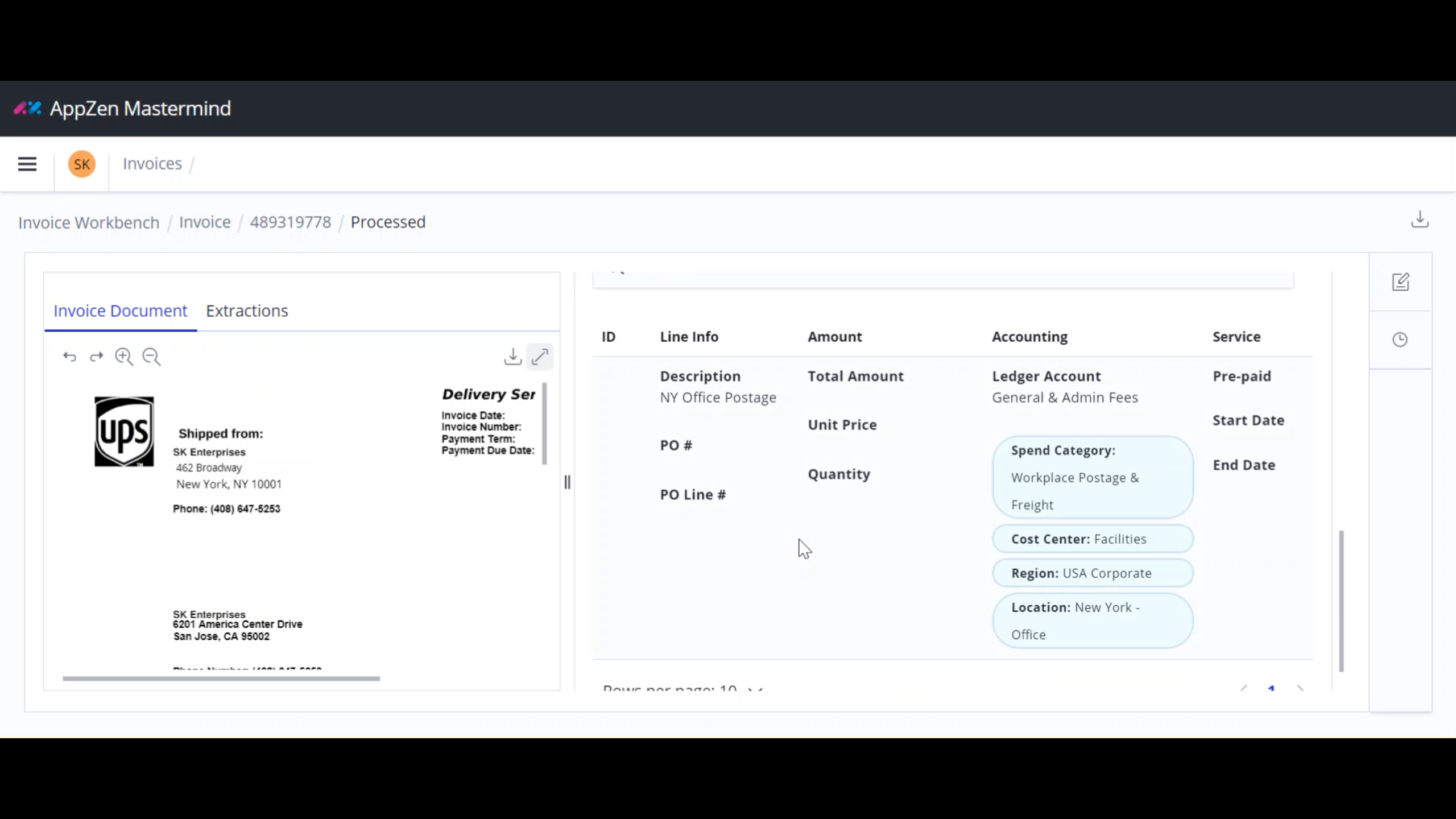 AppZen Autonomous AP - invoice view with spend category, cost center, region, and location predictions