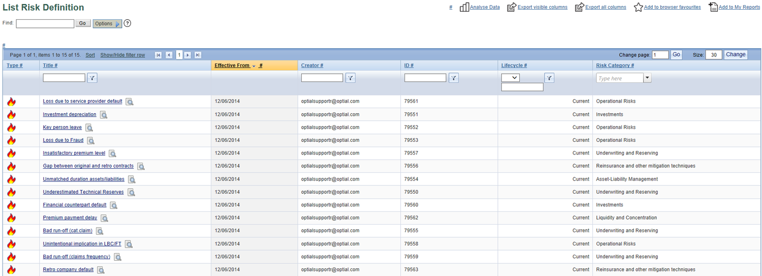 Optial SmartStart Software - An example list of risk definitions shown within a risk register