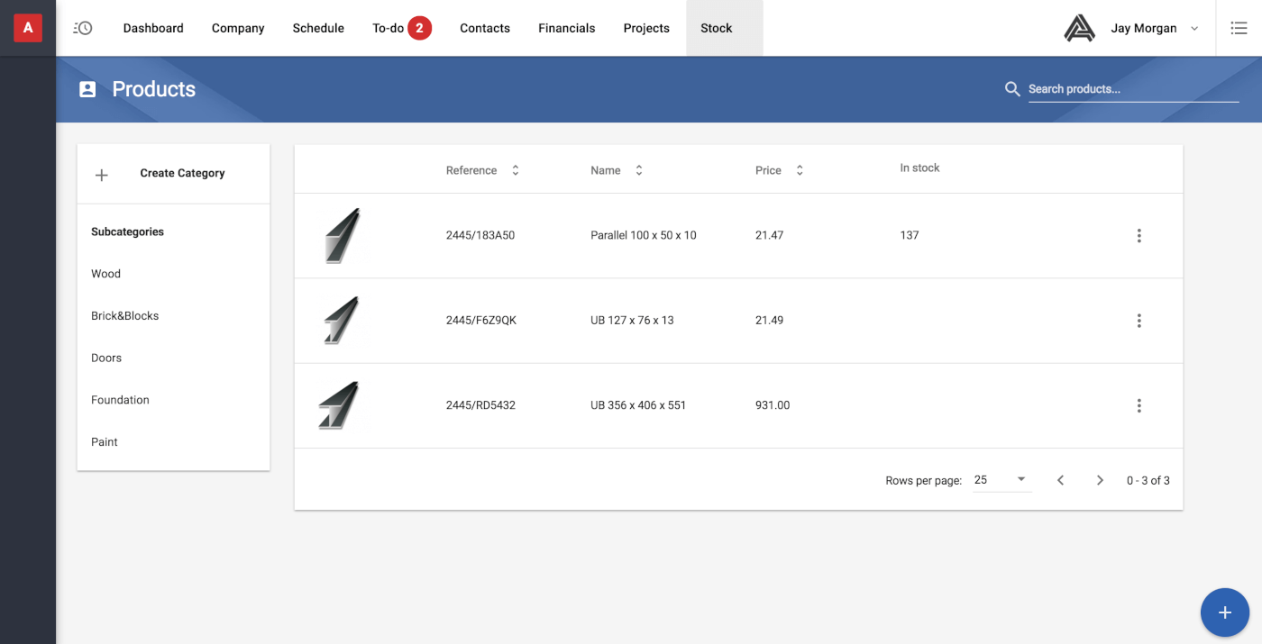 Archdesk Software - Stock management features allow categories of products to be added, deleted, and reserved to record availability of construction materials