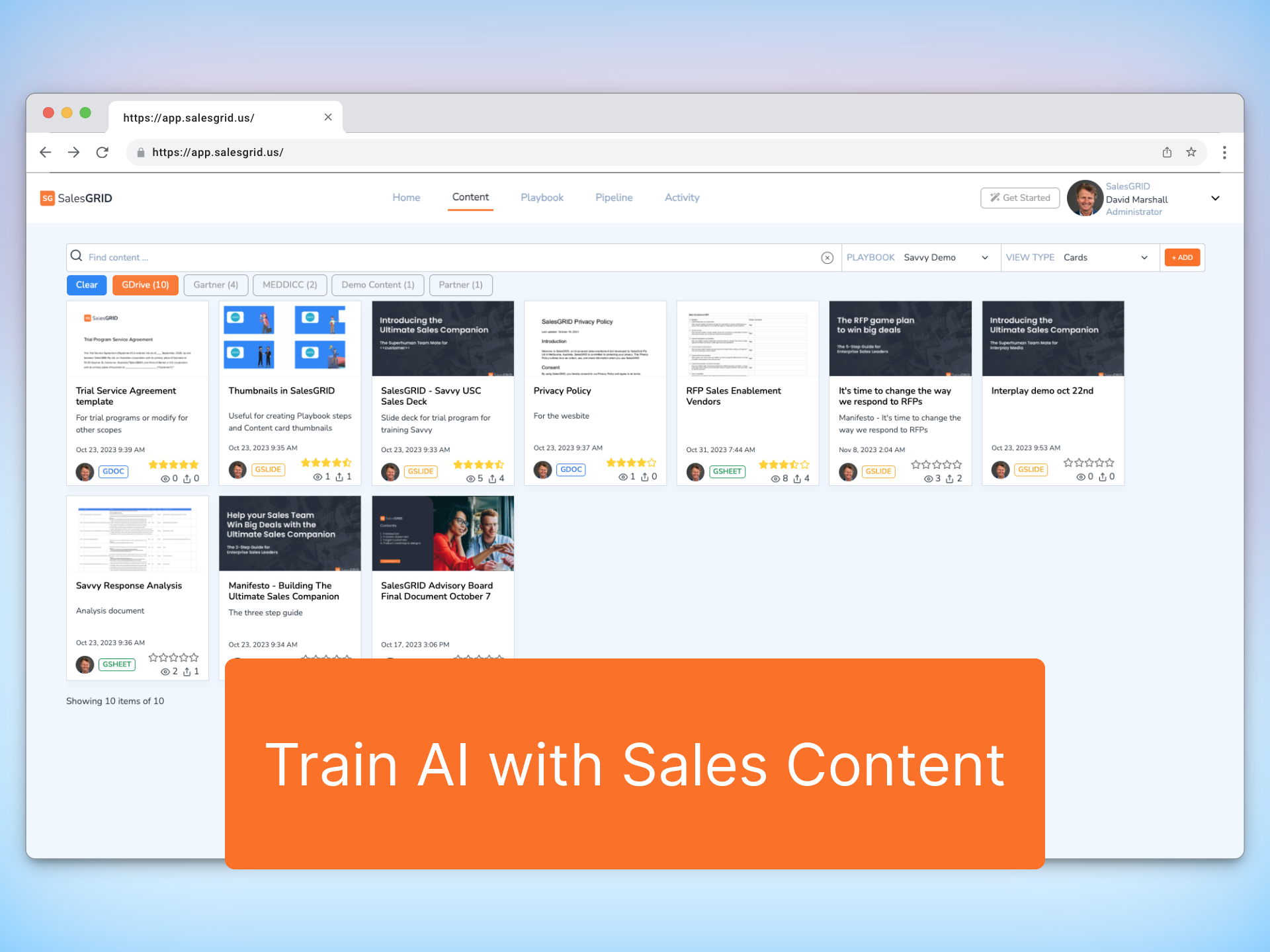 SalesGRID screenshot: Train AI with Sales Content