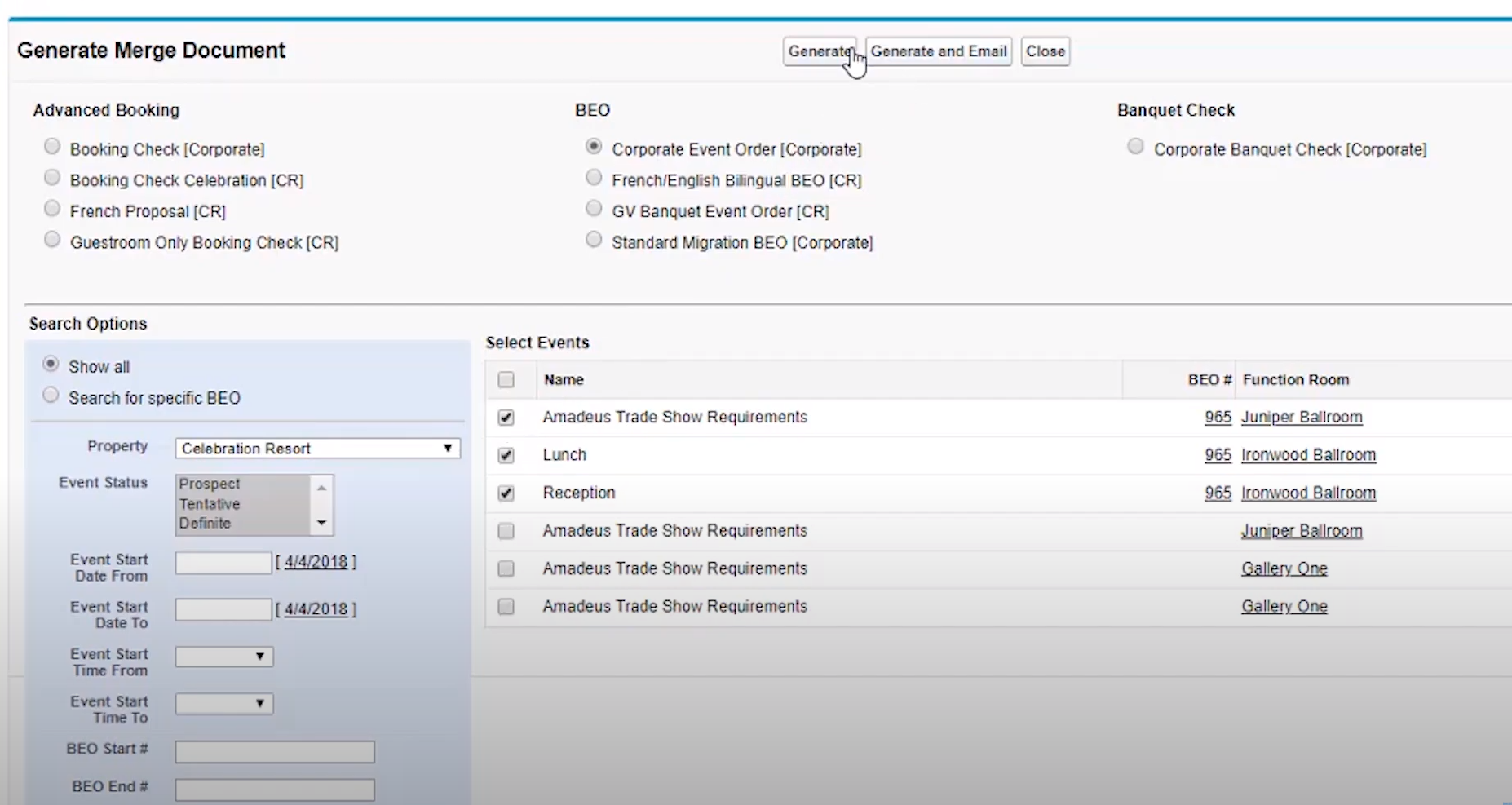 Amadeus Sales & Event Management generate merge document
