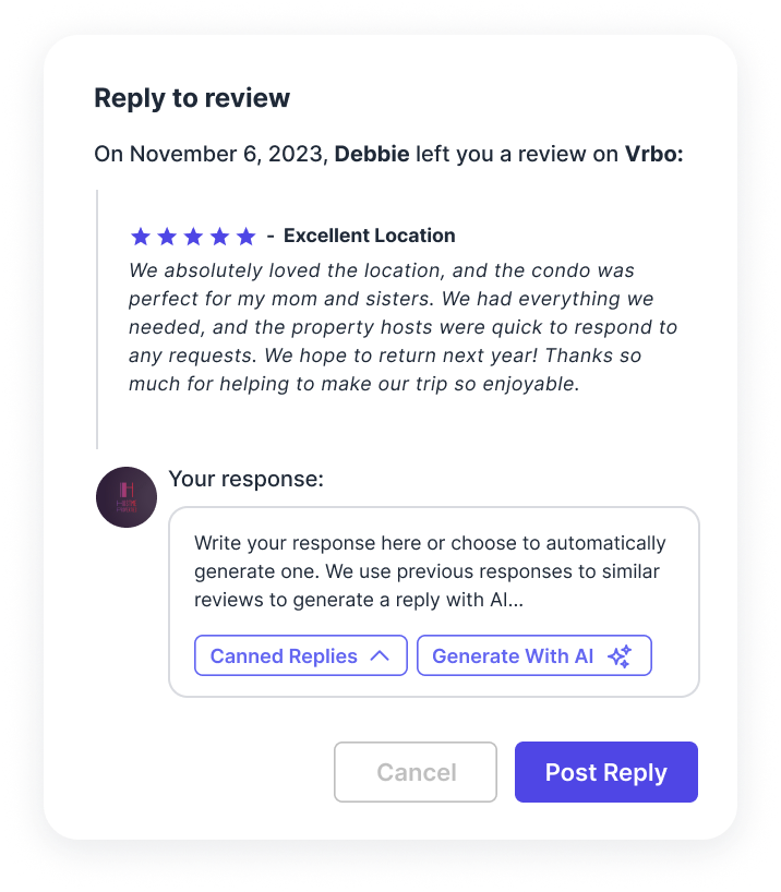 Quickly reply to all reviews from one place leveraging AI.