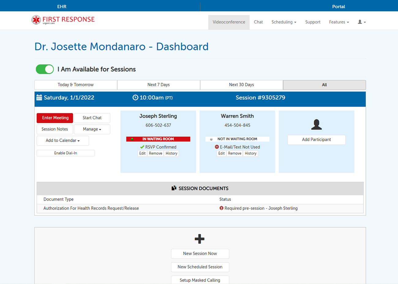 The SecureVideo user's dashboard displays any scheduled telehealth sessions, and allows for the easy creation of new ones. All functions and features that support a great telehealth experience begin right here
