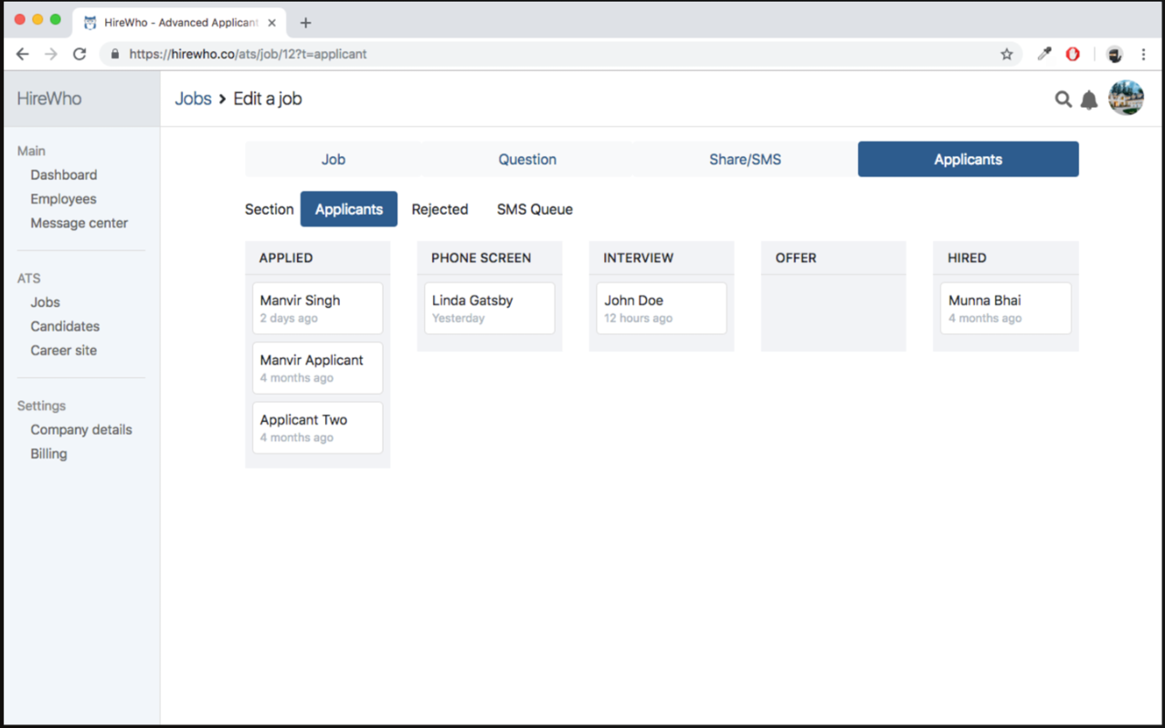 HireWho screenshot: HireWho applicant tracking