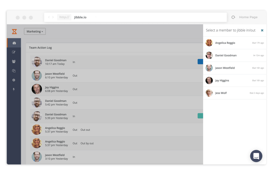 Clock in and out of work through the web app, mobile app, or Slack