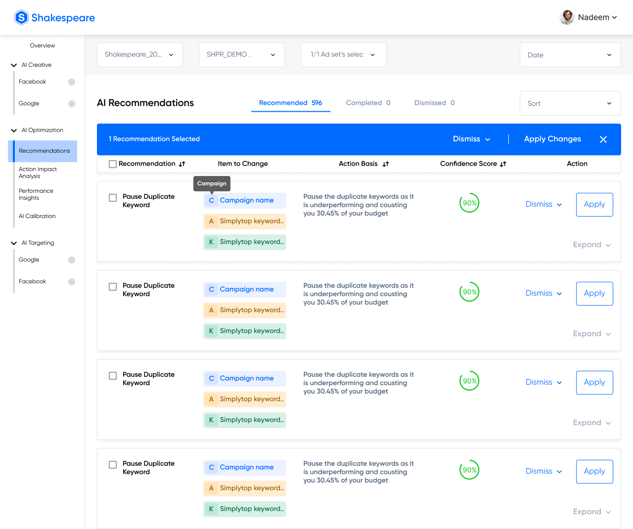 Shakespeare screenshot: By using AI algorithms, Shakespeare.ai optimizes campaign performance by adjusting targeting parameters, content delivery methods, and timing based on audience engagement patterns. This leads to improved ROI and higher conversion rates. 