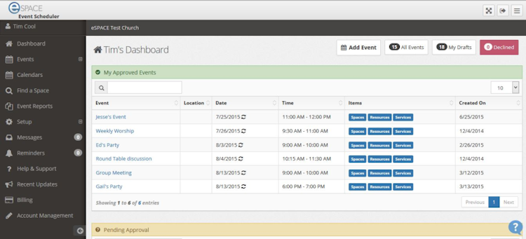 eSPACE screenshot: eSpace event scheduling module with event dashboard view
