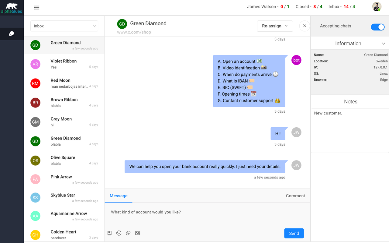 AlphaChat screenshot: AlphaChat live chat
