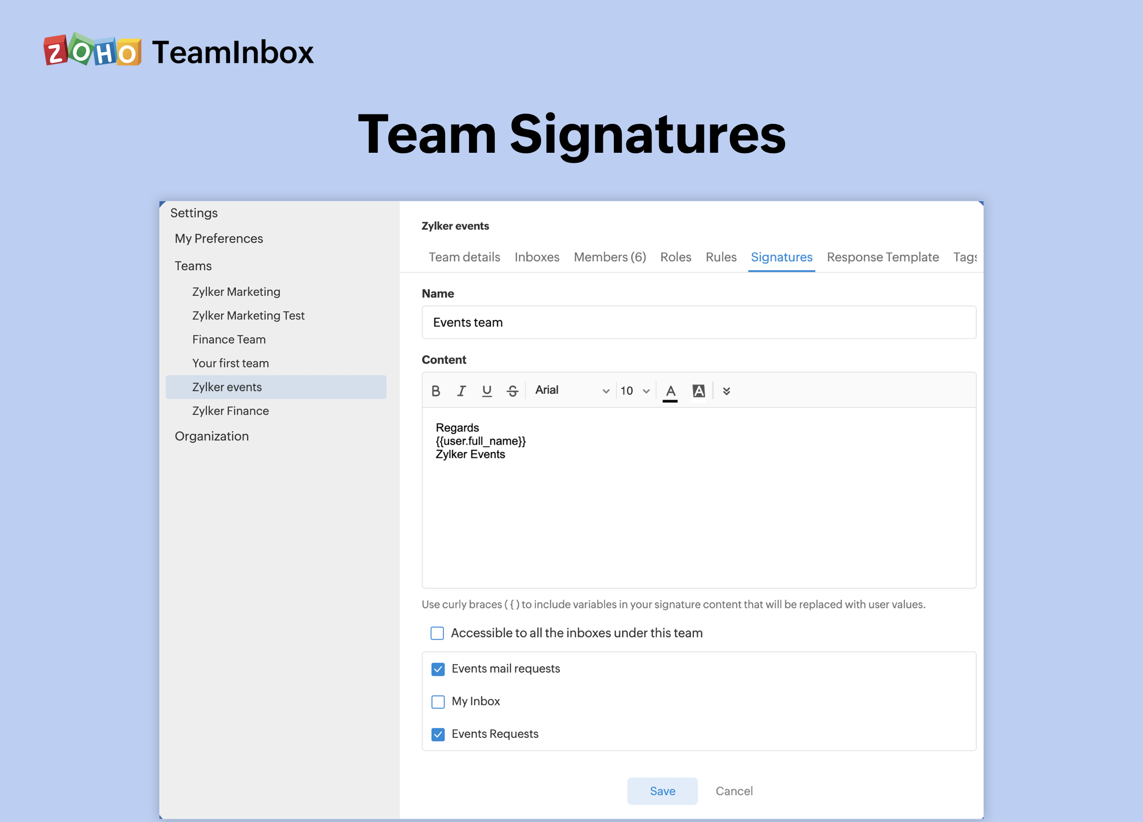Zoho TeamInbox team signatures