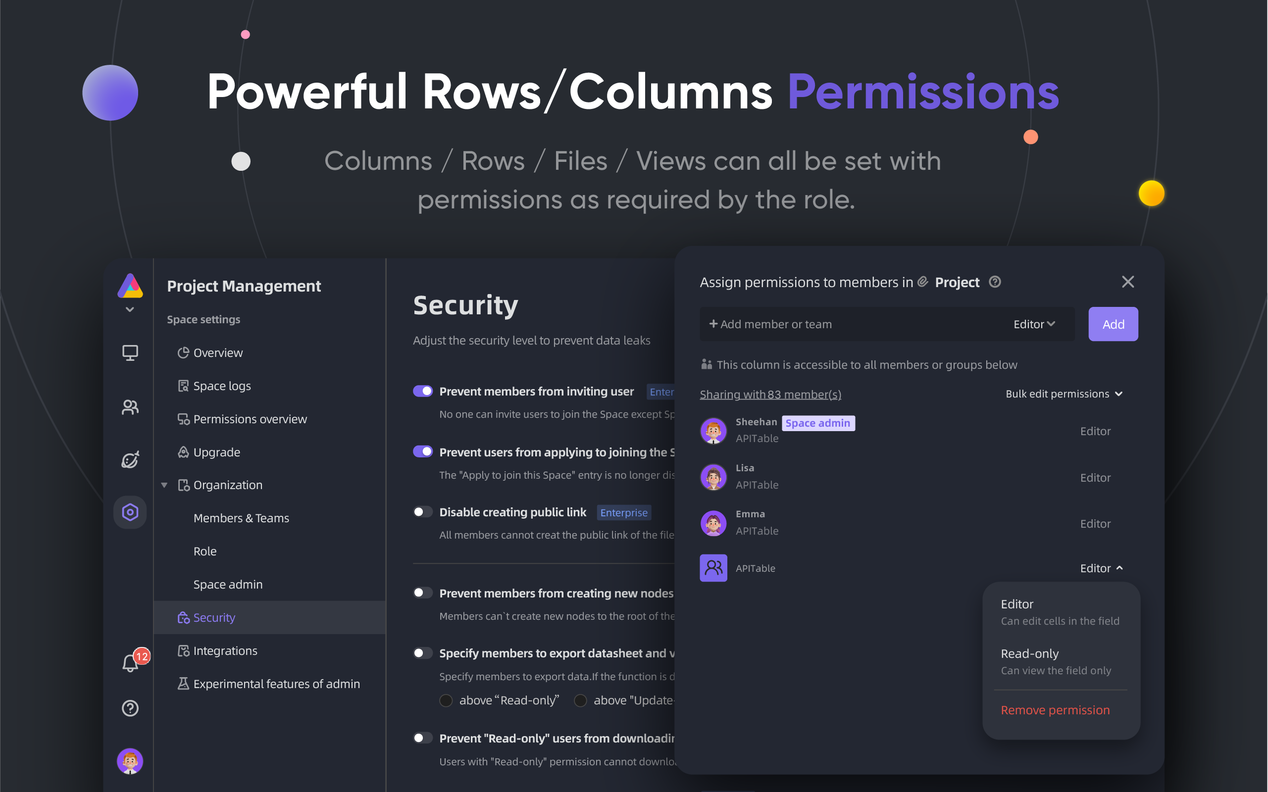 AITable columns, rows, files, and views permissions