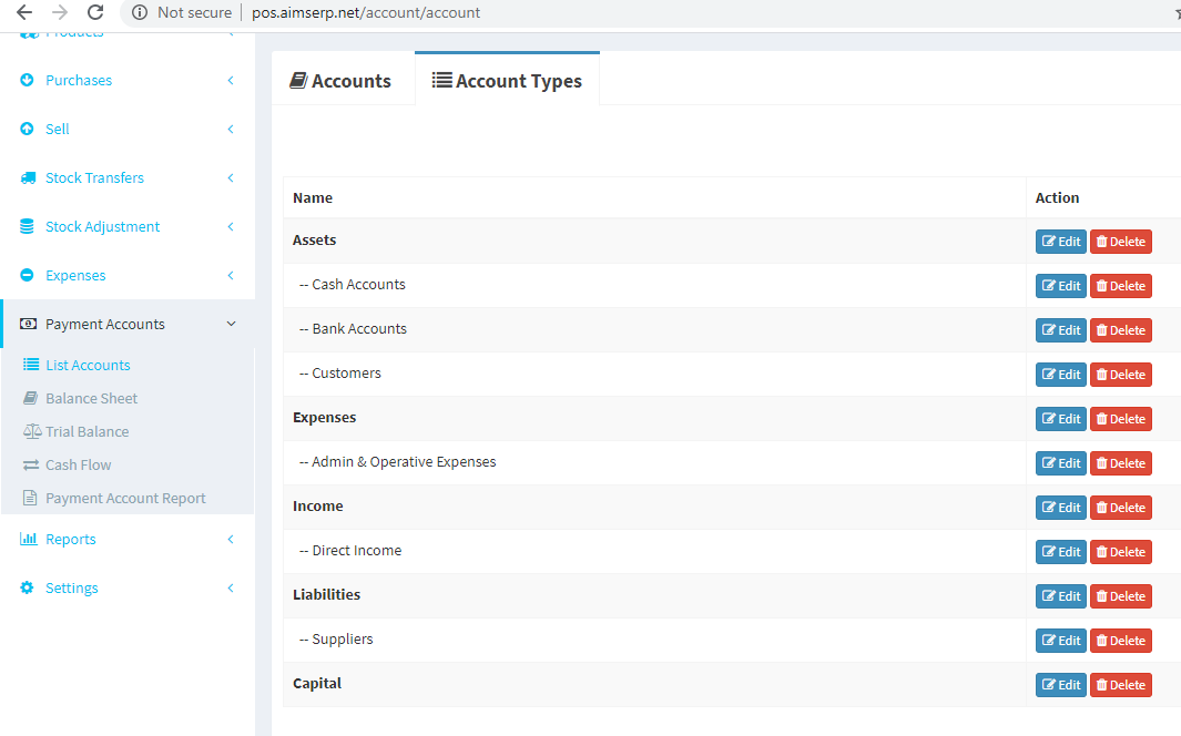 AIMS ERP account types
