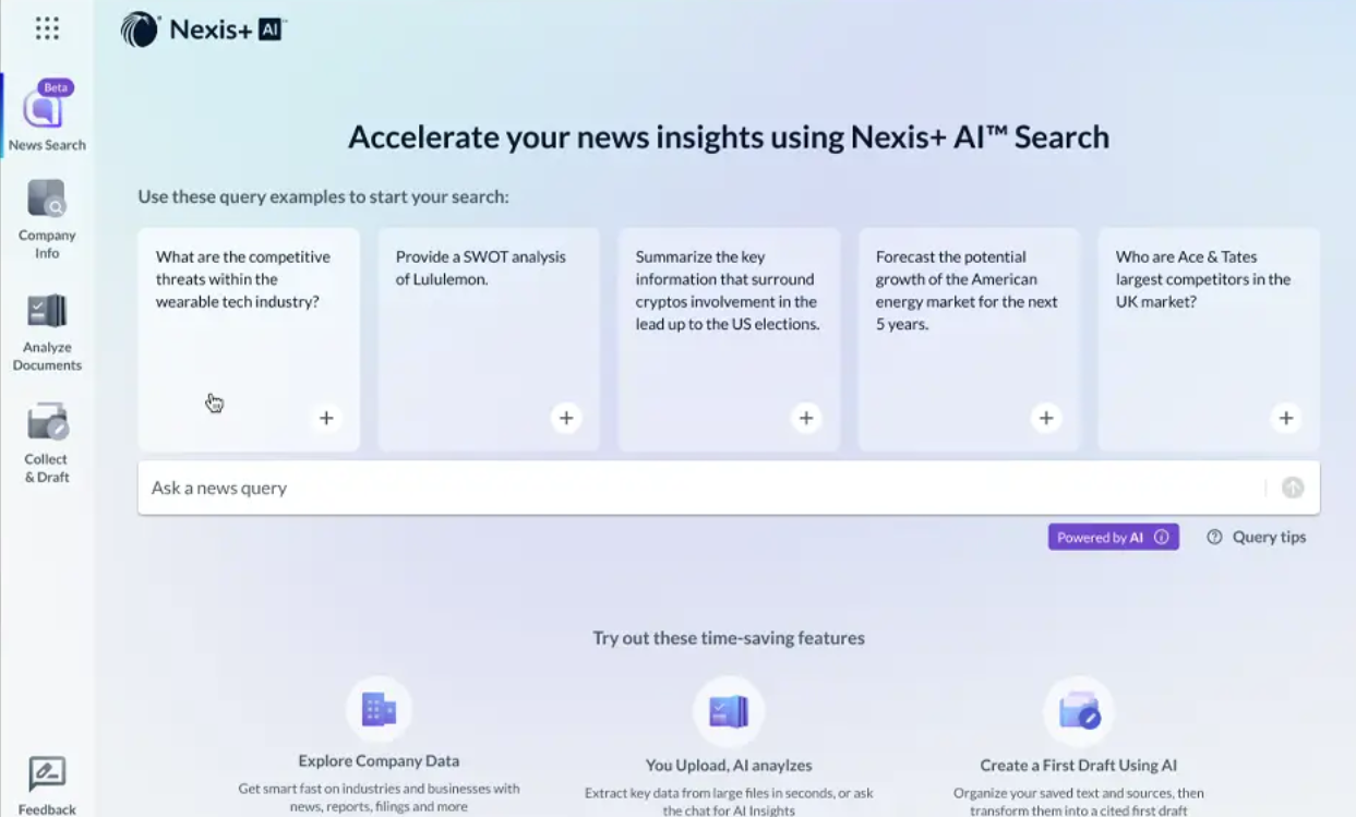 Nexis+ AI screenshot: Nexis+ AI news search
