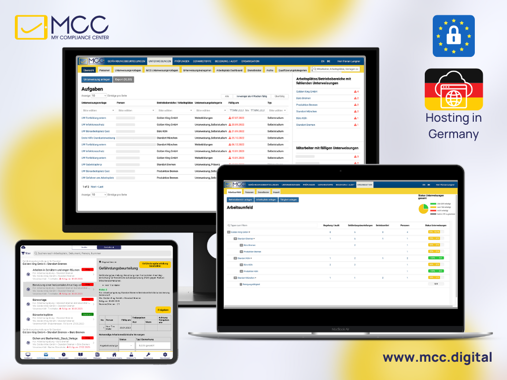 The MCC Compliance Center, your complete software solution for occupational safety: fast, simple, digital and legally compliant. Also available as an app for iOS and Android.