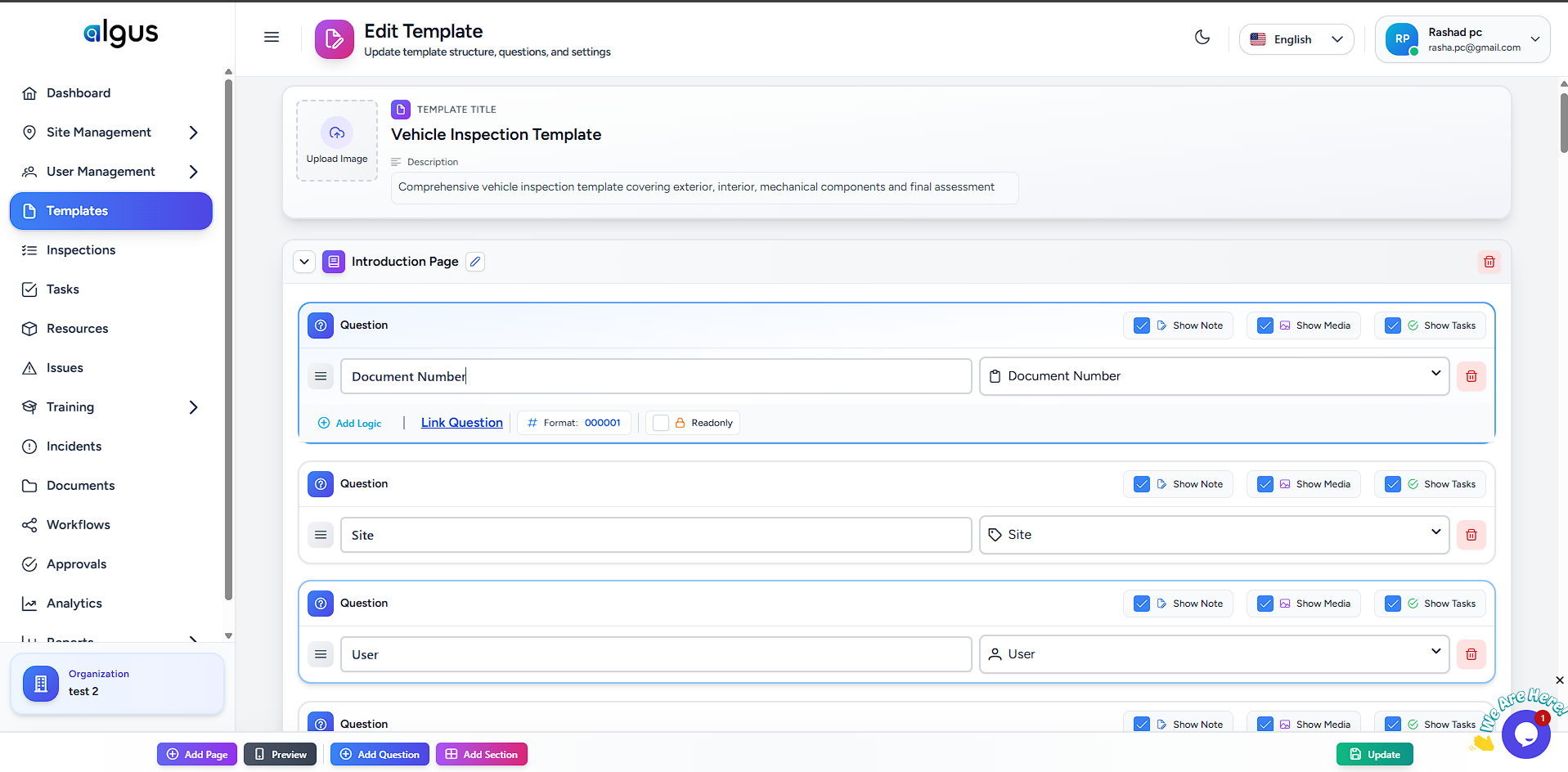 Algus screenshot: Algus template builder