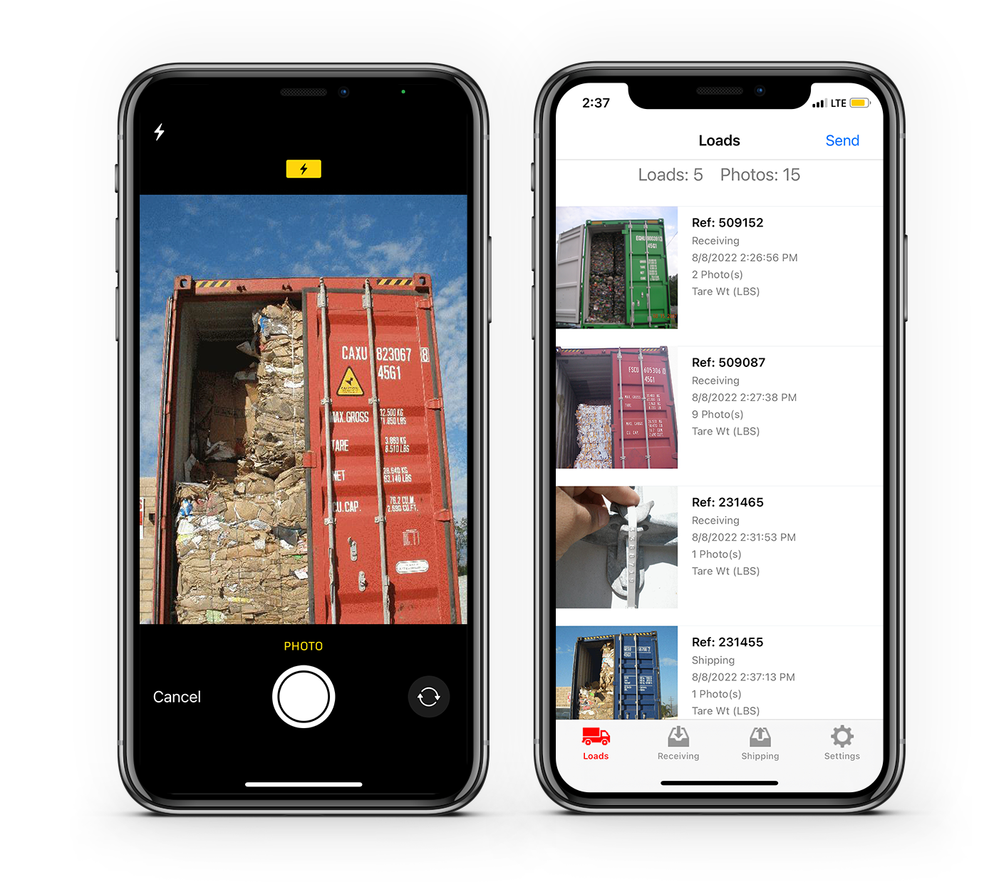 cieTrade's mobile photo capture app, ciePhoto, allows users to take photos of outbound export containers or to document quality issues on received loads.