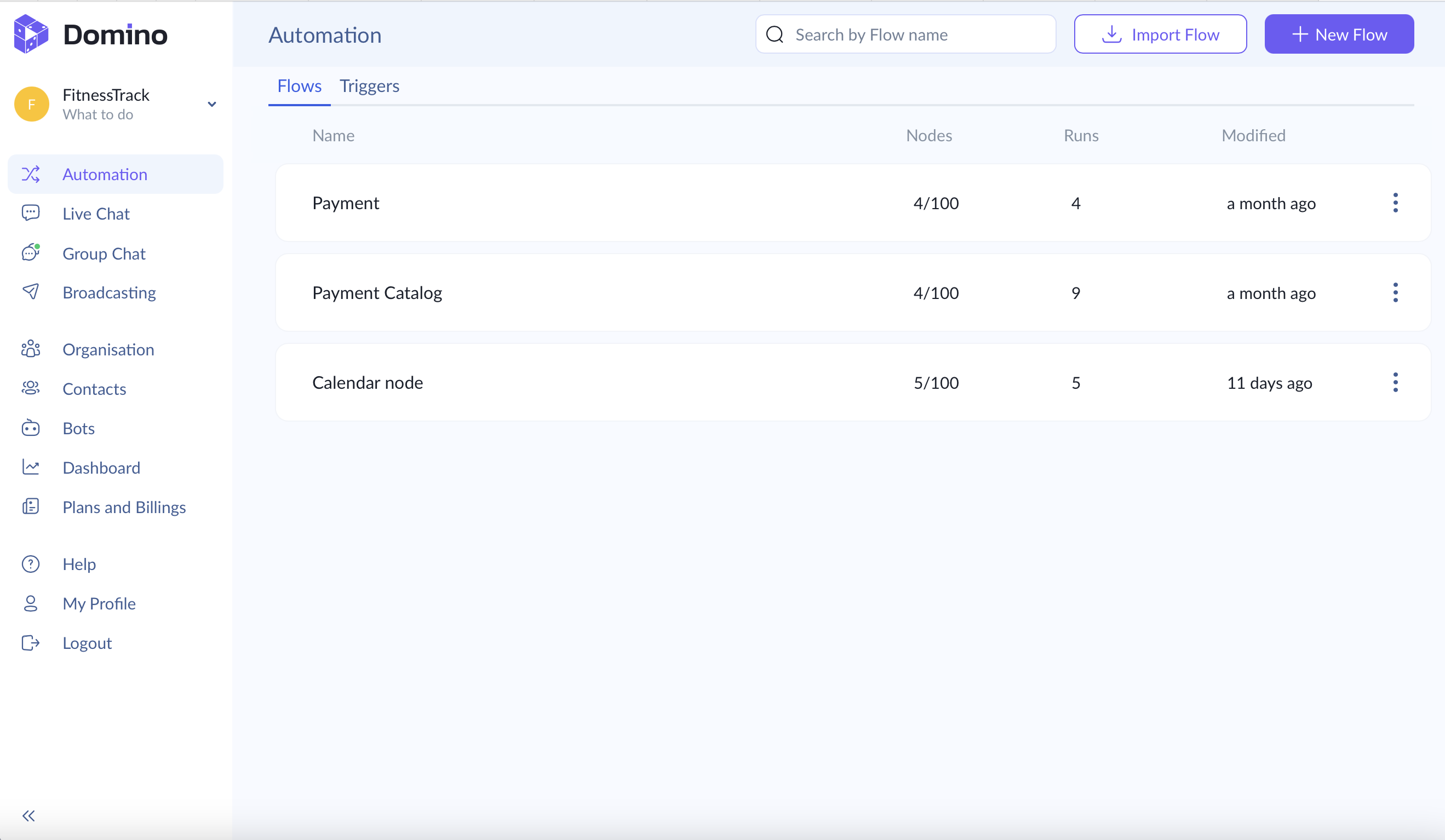Domino CRM screenshot: Domino CRM automation section to build flows