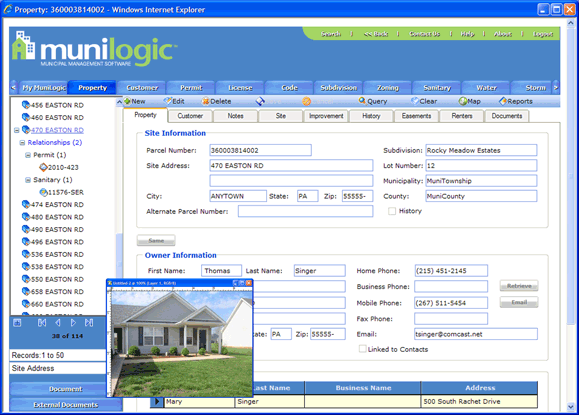 MuniLogic property management view with the details of property ownerhip & transfer history