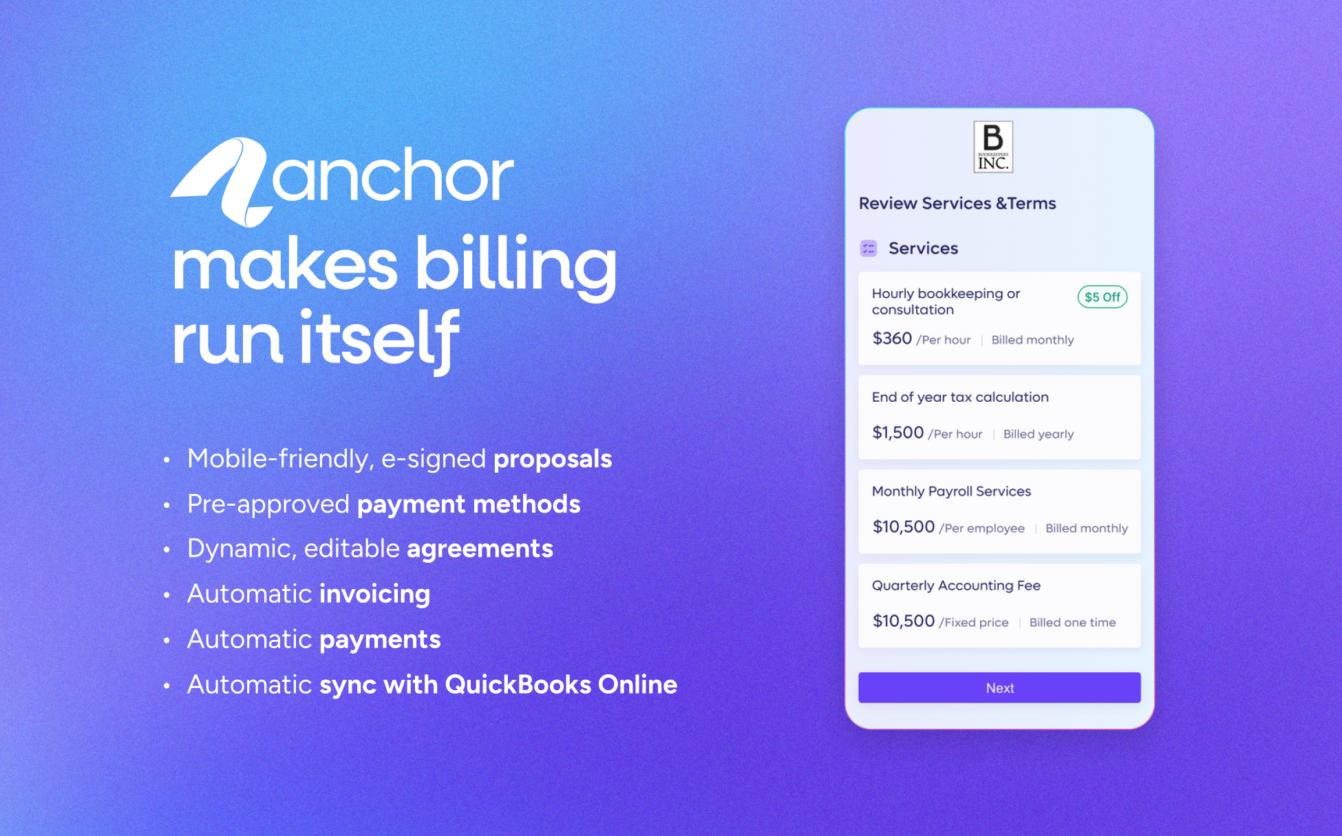 Anchor screenshot: Anchor proposals, agreements, invoicing, and payments automation