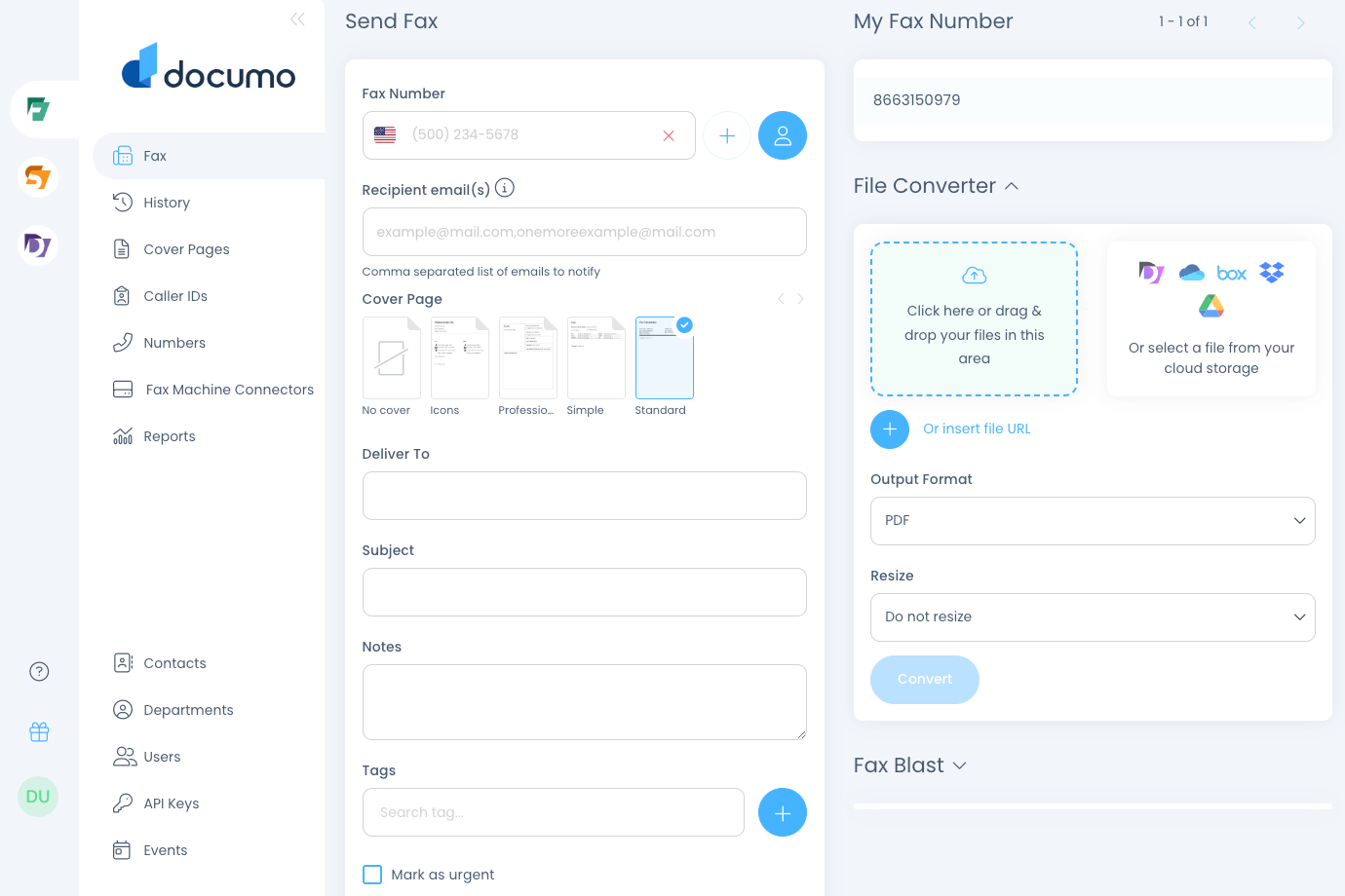 Documo screenshot: Documo fax portal
