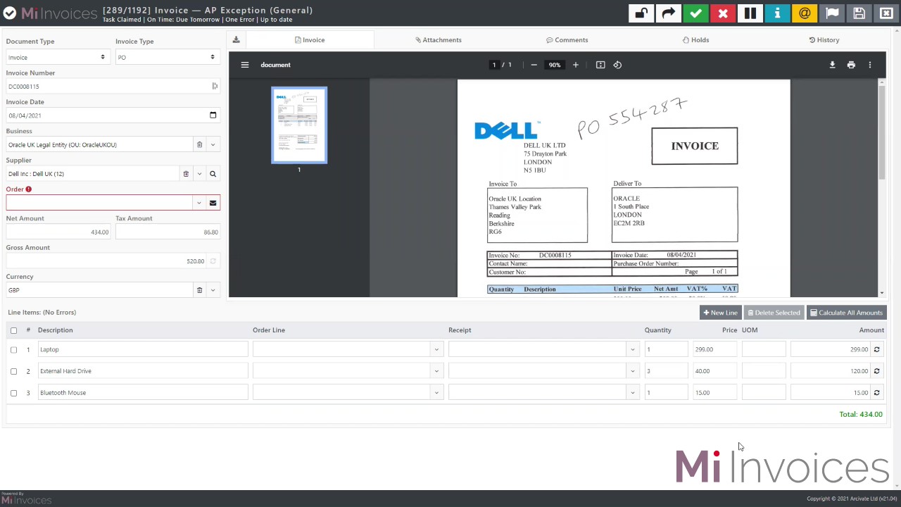 Mi Invoices screenshot: Mi Invoices AP Interface showing a Missing PO Invoice screen  displaying the Line Items captured