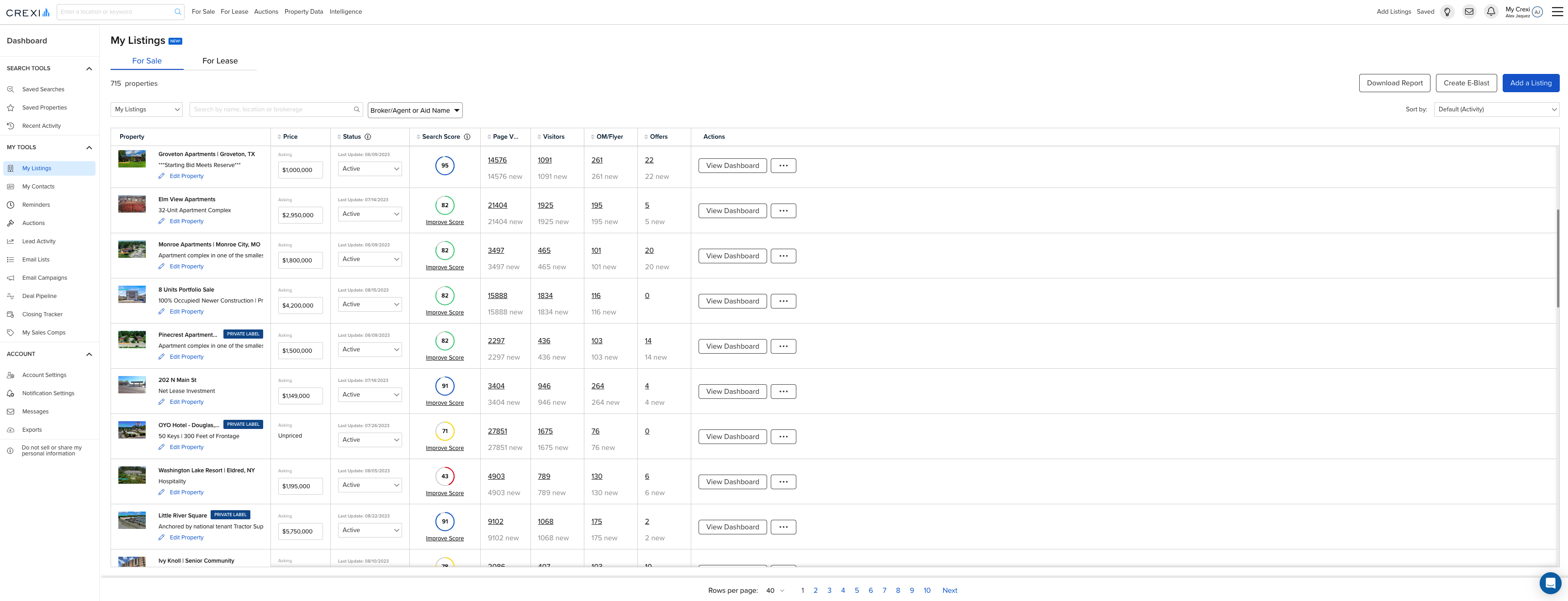 Crexi screenshot: Crexi Listings Dashboard