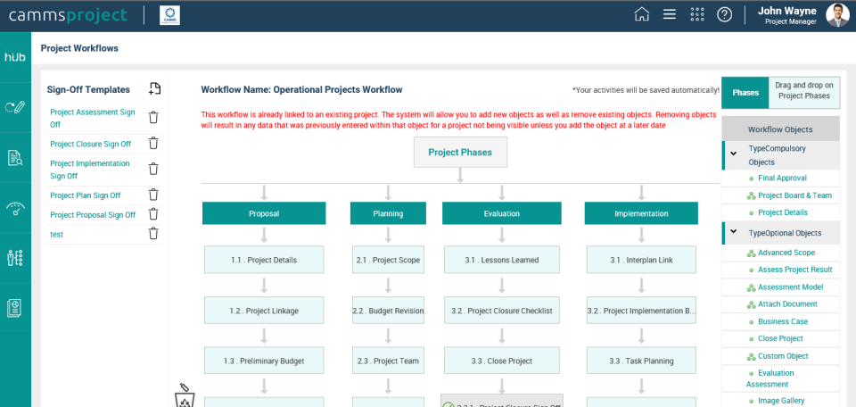 Camms.Project Software - Project workflow templates can be edited to add new phases and workflow objects using drag and drop
